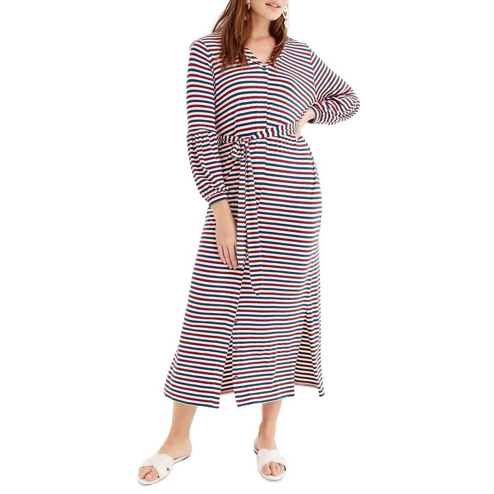 Universal Standard For‎ J.Crew Jersey Bubble Sleeve Maxi Dress Striped Belt Sz S